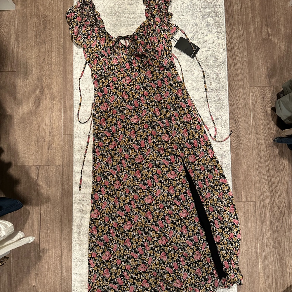 Floral Tie-Front Maxi Dress in Black and Pink